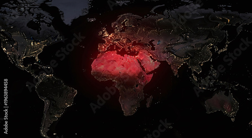 A high contrast digital visualization of the world map with a prominent red glow highlighting the African and Middle Eastern continental regions