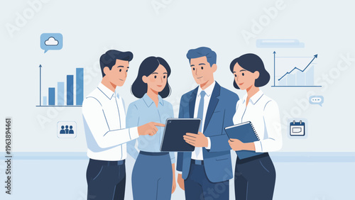 Business team discussing data on tablet