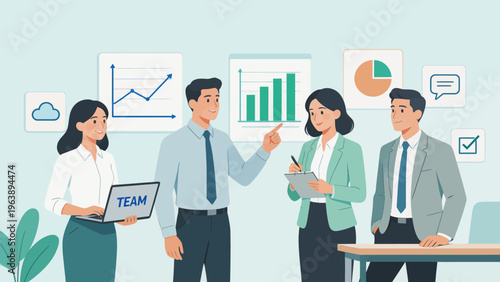 Business team in meeting with data charts