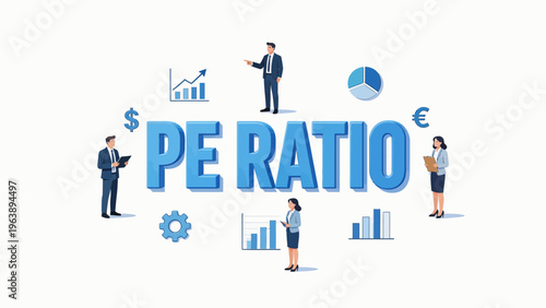 Business people with PE ratio text