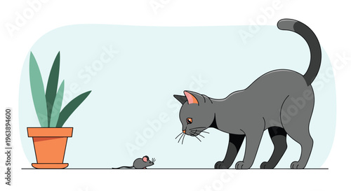 Curious grey cat stalking a tiny mouse near a potted indoor plant on a shelf in a simple and colorful cartoon scene.