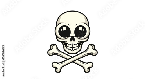 Cute and slightly creepy skull and crossbones character with large black eyes and a friendly smile on white background.