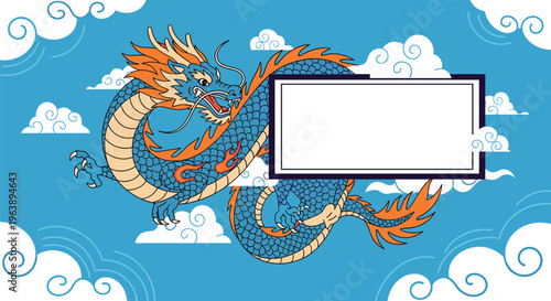 Majestic blue and orange oriental dragon flying through a cloudy blue sky with a blank white frame for custom text.