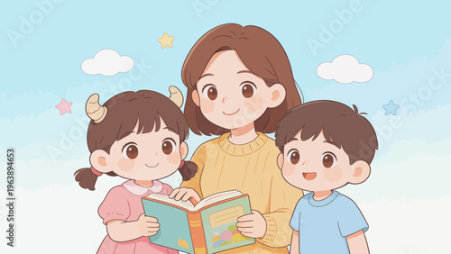 woman and two children reading book
