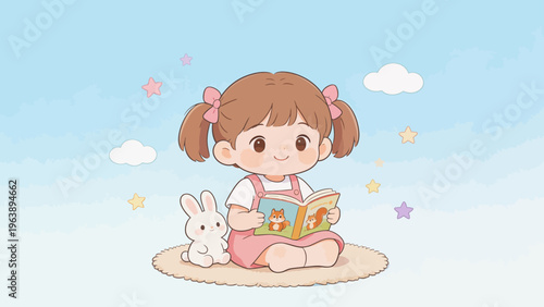 Girl reading book with bunny