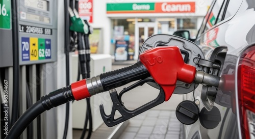 A red fuel nozzle is attached to the end of a white car's gas tank. The nozzle is dispensing fuel into the car's fuel tank.