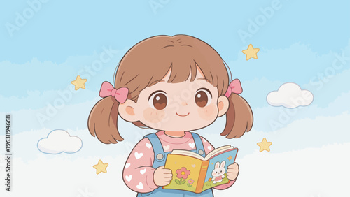 Cartoon girl reading book