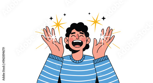 Excited young man in a blue striped shirt celebrating with his hands up and sparkles around his head in pure joy.