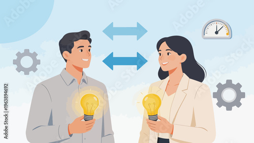 Two people holding light bulbs with icons