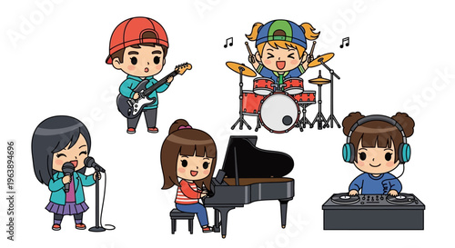 Cartoon musicians playing instruments.