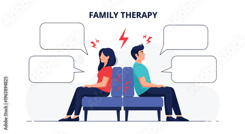Man and woman sitting back to back in a family therapy session with empty speech bubbles for conflict resolution.