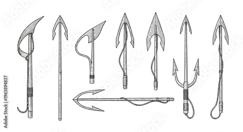 Set of Vintage Hand Drawn Harpoon and Spear Illustrations