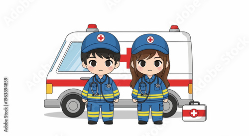 Cartoon ambulance crew standing.