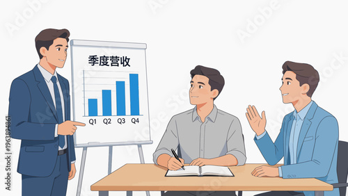 Business meeting with quarterly revenue chart