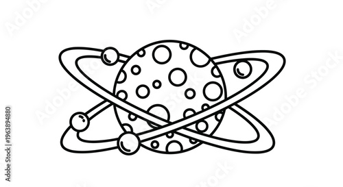 Simple black and white line art illustration of a cratered planet with multiple intersecting orbital rings and moons.