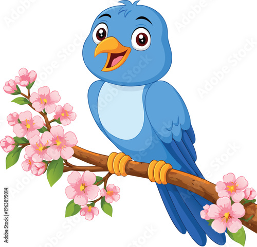 Cute blue bird sitting on tree branch cartoon illustration isolated on white background