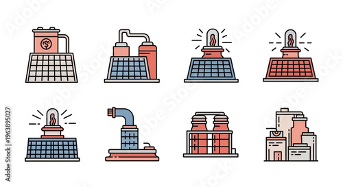 Collection of Industrial Building Icons representing factories, power plants, and renewable energy facilities, illustrating modern infrastructure and energy production