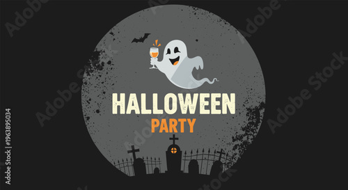 Spooky Halloween party emblem features a cheerful white ghost holding a glass of wine over a dark graveyard silhouette under a full moon.