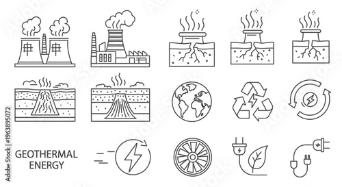 Outline vector icons illustrating the process of geothermal energy production, sustainable power generation, renewable earth resources, and eco-friendly electricity concepts
