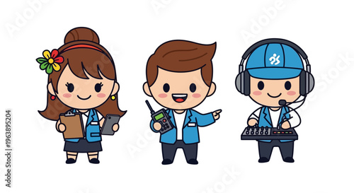 Three cartoon characters standing together.