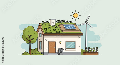 Illustration of a sustainable house with solar panels, a wind turbine, and a green roof, representing eco-friendly living and renewable energy