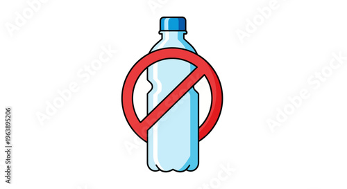 No Plastic Bottle Icon Illustration of a clear plastic bottle with a red prohibition symbol, symbolizing environmental protection and sustainability