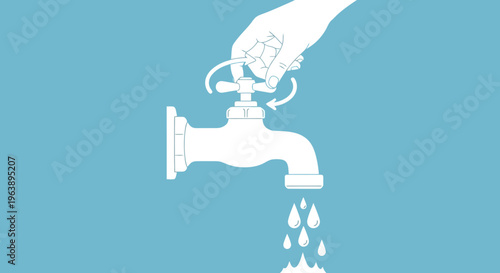 Hand turning on a dripping water faucet, illustrating water conservation and resource management