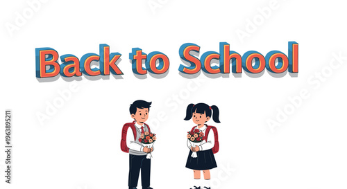 Back to school typography sits above two young students in uniforms carrying backpacks and bouquets of flowers on a white background.