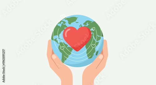 Hands holding the Earth with a red heart symbol, representing global love, care, and unity for our planet