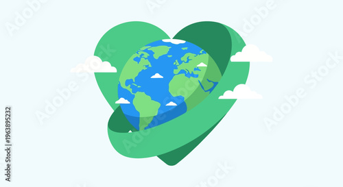 Green heart hugging planet Earth, symbolizing love and care for the environment and sustainability