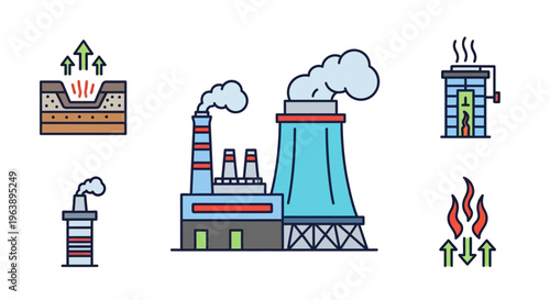 Set of icons representing different forms of energy production and industrial processes, including geothermal, coal power, and heating systems