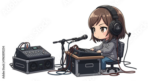 Girl wearing headphones with equipment.