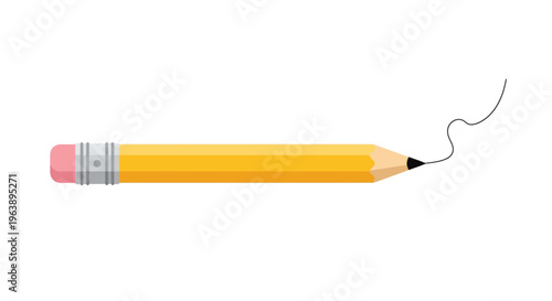 A classic yellow pencil with a pink eraser is shown on a white background, with a thin graphite line trailing from its tip