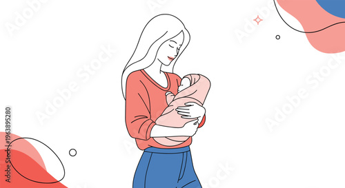 Tender illustration shows a long-haired mother in a red sweater holding her swaddled newborn baby close on a clean white background.