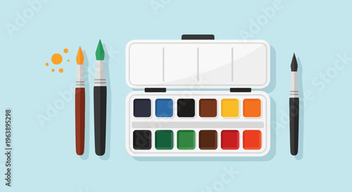 Vibrant watercolor paint set and artist brushes, essential tools for inspiring creative artistry. Perfect art supplies for painting, drawing, and various artistic projects