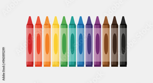 A vibrant spectrum of colorful crayons neatly arranged in a row, symbolizing artistic potential, creative expression, and childhood fun in drawing activities