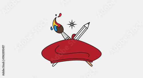 A vibrant emblem of artistic inspiration, creativity, and design, featuring a classic red beret, a fiery paintbrush, and a sparkling pencil, embodying the passionate spirit of art
