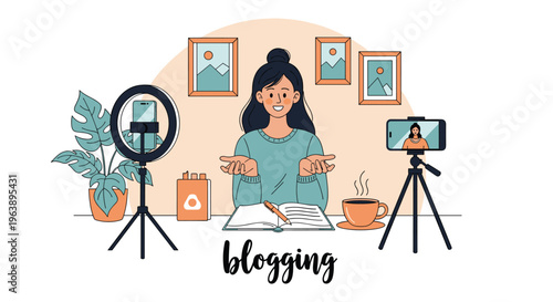 Illustration of a female content creator blogging at a desk with cameras, ring light, coffee, and a notebook for social media work.