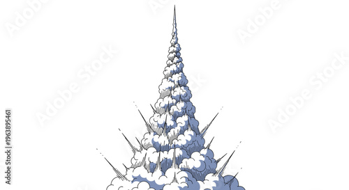 Vertical black and white line art illustration shows a tall, towering column of smoke or steam billowing upward into a sharp point.