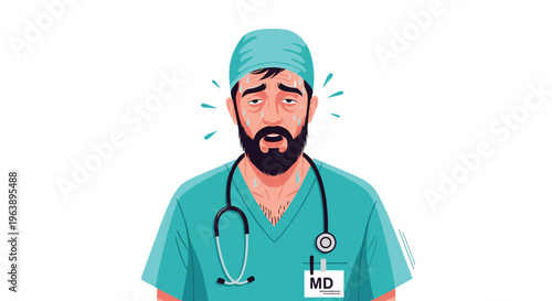Illustration depicts an exhausted male doctor or medical professional in green scrubs sweating and looking tired with a stethoscope.