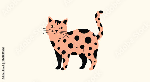 Whimsical illustration of a cute orange cat covered in large black polka dots standing sideways on a warm cream background for pet lovers.