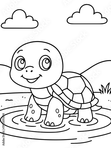 Joyful Turtle in Cartoon Style: An adorable turtle, depicted in a playful cartoon style, gazes upwards with a bright smile, embodying innocence and delight.