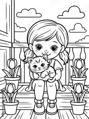 Girl with kitten: An illustration of a girl holding kitten on balcony filled with tulips in flowerpots, creating a scene of love and care.