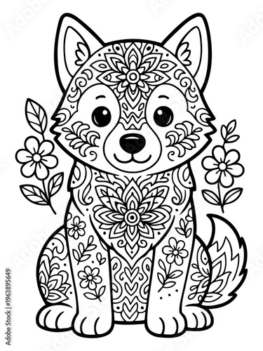 Whimsical Wolf Pup Mandala: A charming wolf pup adorned with intricate floral and ornamental patterns, inviting moments of peaceful creativity and artistic expression. 