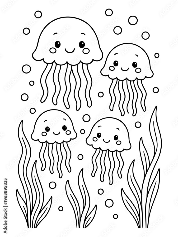 Fototapeta premium Jellyfish Family in Ocean Depths: Playful jellyfish gracefully swim amidst the serene ocean depths, embodying tranquility and the wonders of the underwater realm.