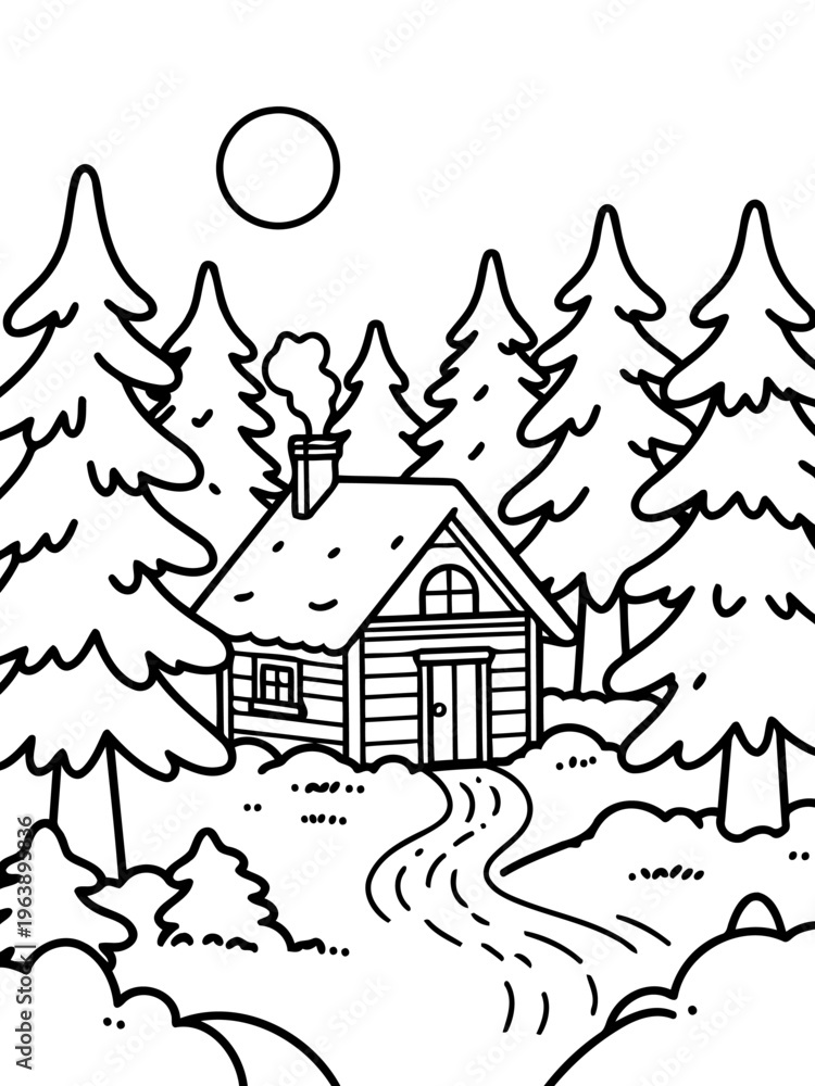 Obraz premium Cozy Cabin in Snowy Forest: A charming cabin nestled amidst tall pine trees, snow-covered and with smoke gently curling from the chimney, inviting warmth and tranquility in a serene winter landscape.