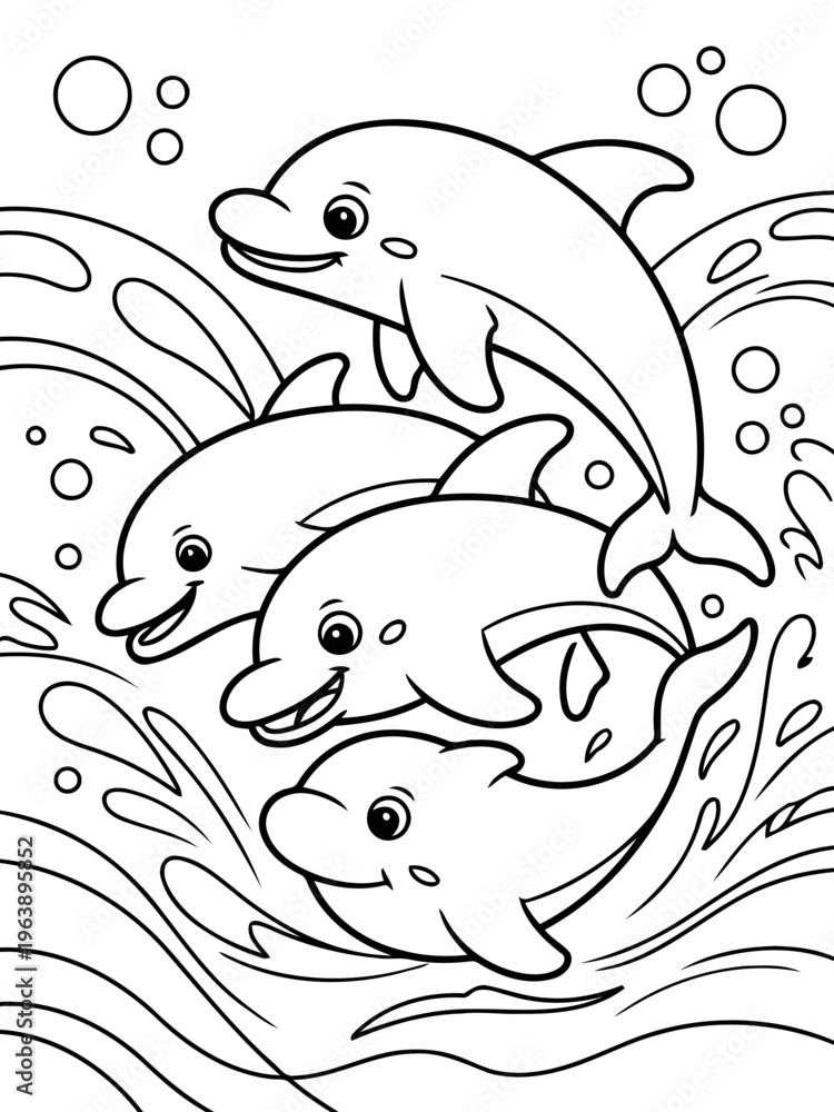 Obraz premium Cheerful Dolphins' Aquatic Joy: A delightful illustration of several friendly dolphins playfully leaping and frolicking in the sparkling water.