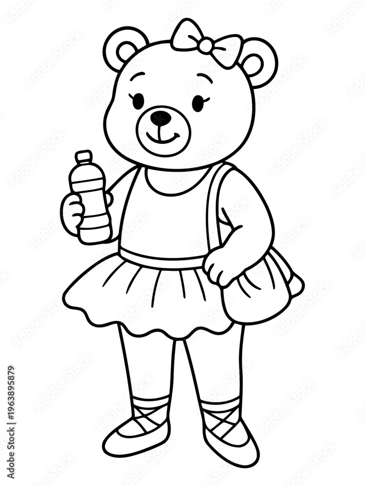 Obraz premium Ballerina Bear: An adorable cartoon bear, dressed in a ballerina outfit, holding a water bottle and bag, ready to dance with grace and charm.