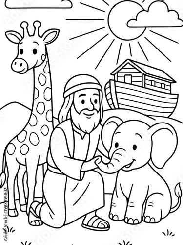 Noah's Ark: A tranquil black-and-white illustration captures a scene from the biblical story of Noah's Ark, with Noah shown interacting with an elephant and giraffe, the sun shines brightly.