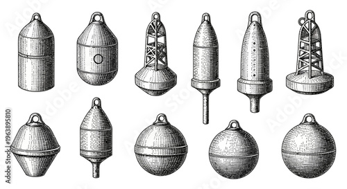 Vintage Engraving Collection of Various Nautical Buoys and Floating Markers